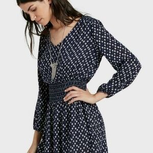 Lucky Brand Navy Blue Geometric Printed Smocked Waist Dress Size s Long Sleeve